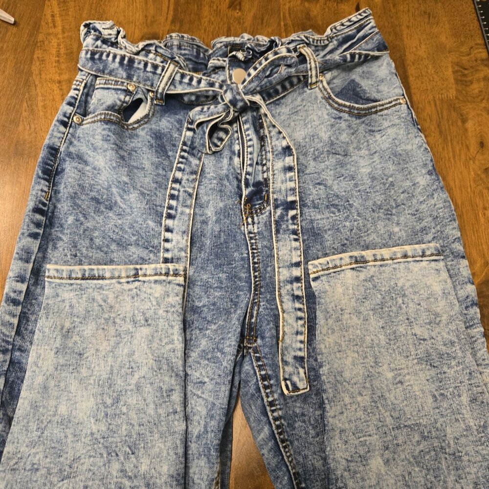 80s 90s Vtg Acid Wash Paperbag Tie High Waist Mom Jeans 14 Tapered Grunge Retro